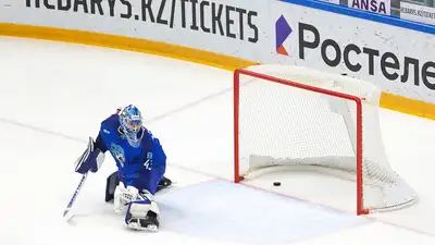 Голкипер "Барыса" Андрей Шутов пропускает шайбу в матче с "Сочи"