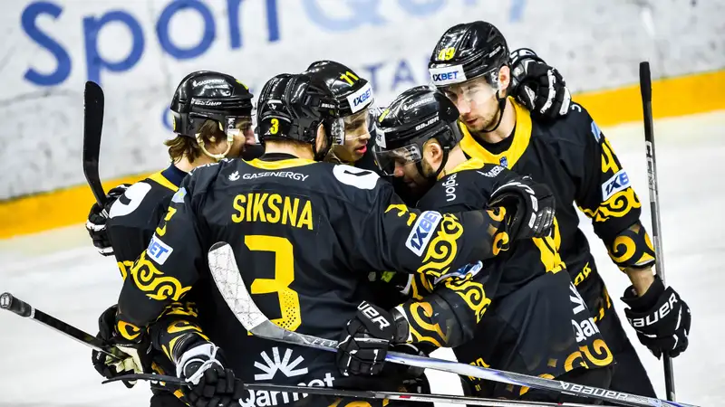 Хоккеисты "Сарыарки" празднуют гол в ворота "Алматы"