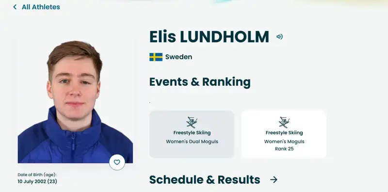 Профиль Элис Лундхольм на официальном сайте ОИ-2026, фото - Новости Sportarena.kz от 11.02.2026 18:50