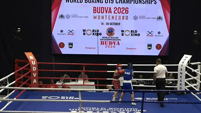 Фрагмент боя Жадыры Калтай (в синем) на чемпионате мира-2026